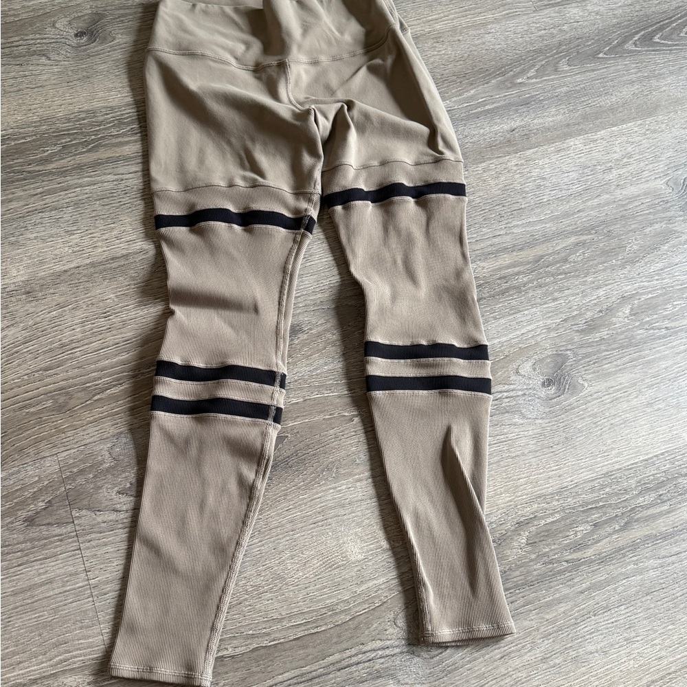 ALO Yoga Tan and Black Leggings with Sporty Stripes - Picture 2 of 4